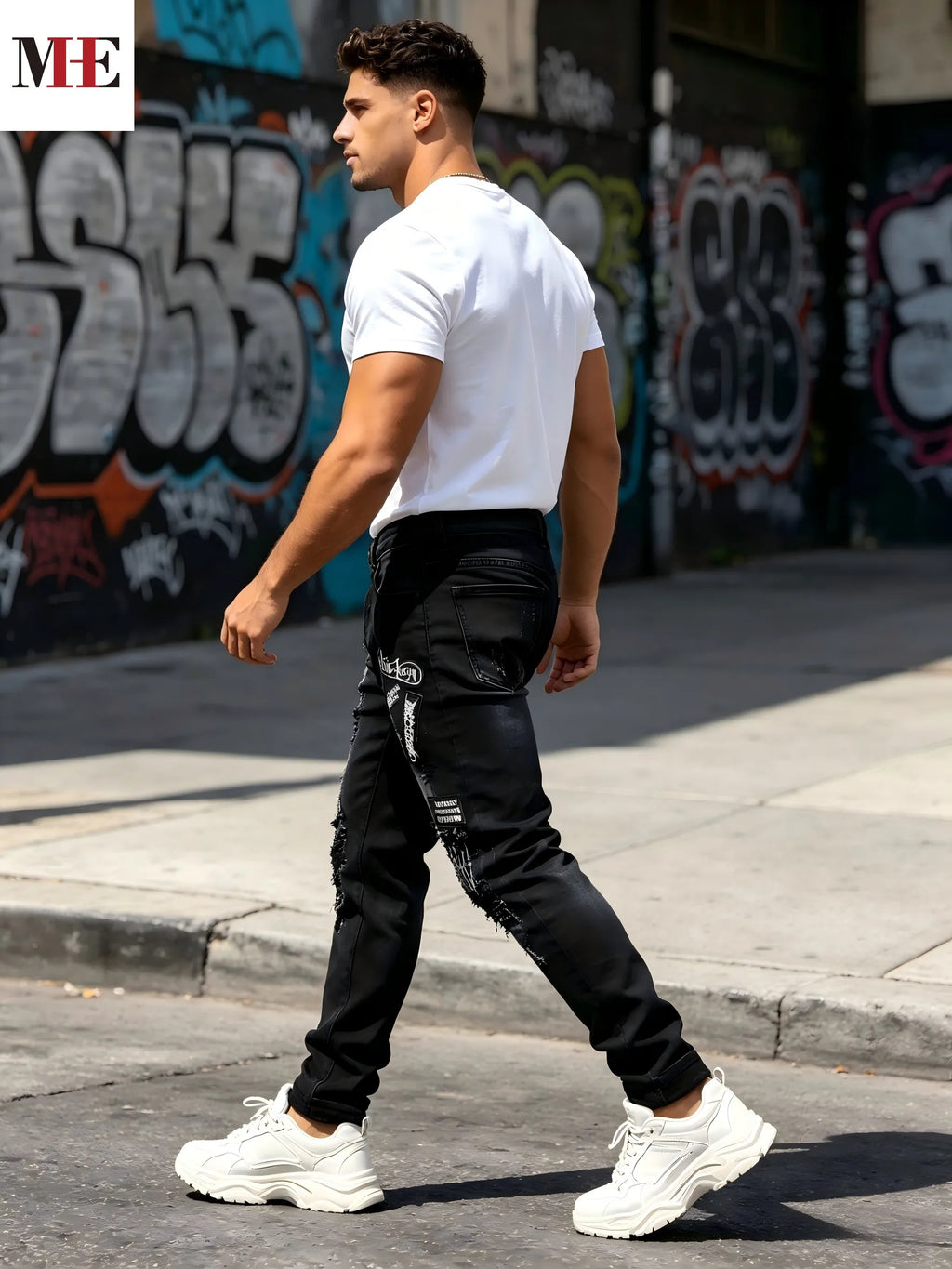 HME Men's Dark Street Denim Pants, Black Slim Skinny Jeans with Skull & Slogan Patches for Trendy Looks