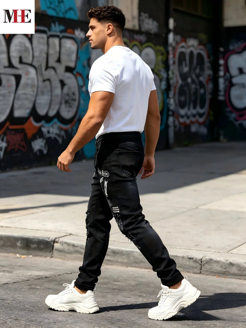 HME Men's Dark Street Denim Pants, Black Slim Skinny Jeans with Skull & Slogan Patches for Trendy Looks